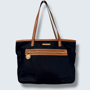 Michael Kors Black Nylon Tote Bag Brown Leather Trim Gold MK Charm